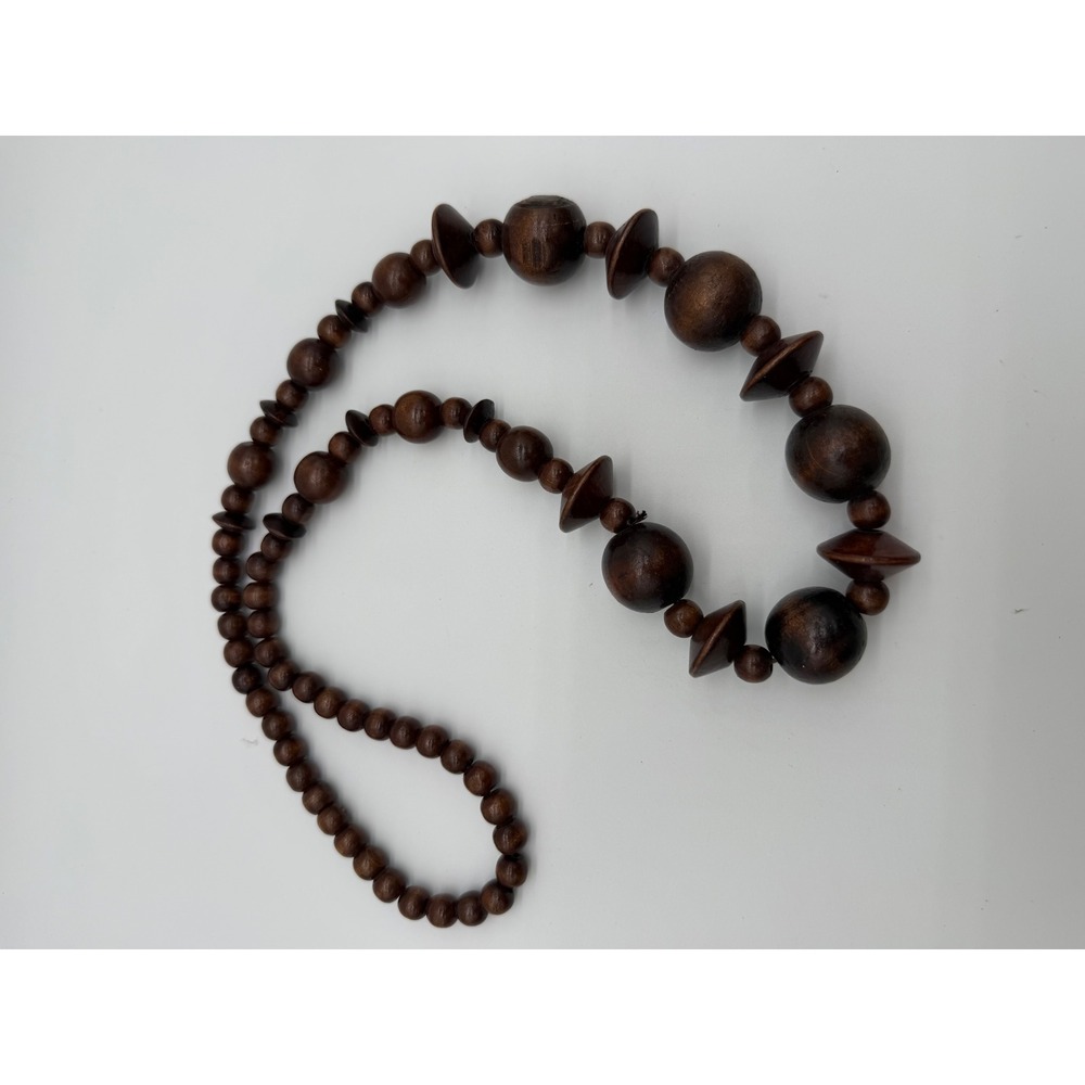 Vintage Chunky Dark Brown Wood Bead Statement Necklace Graduated Boho 32 Inch
